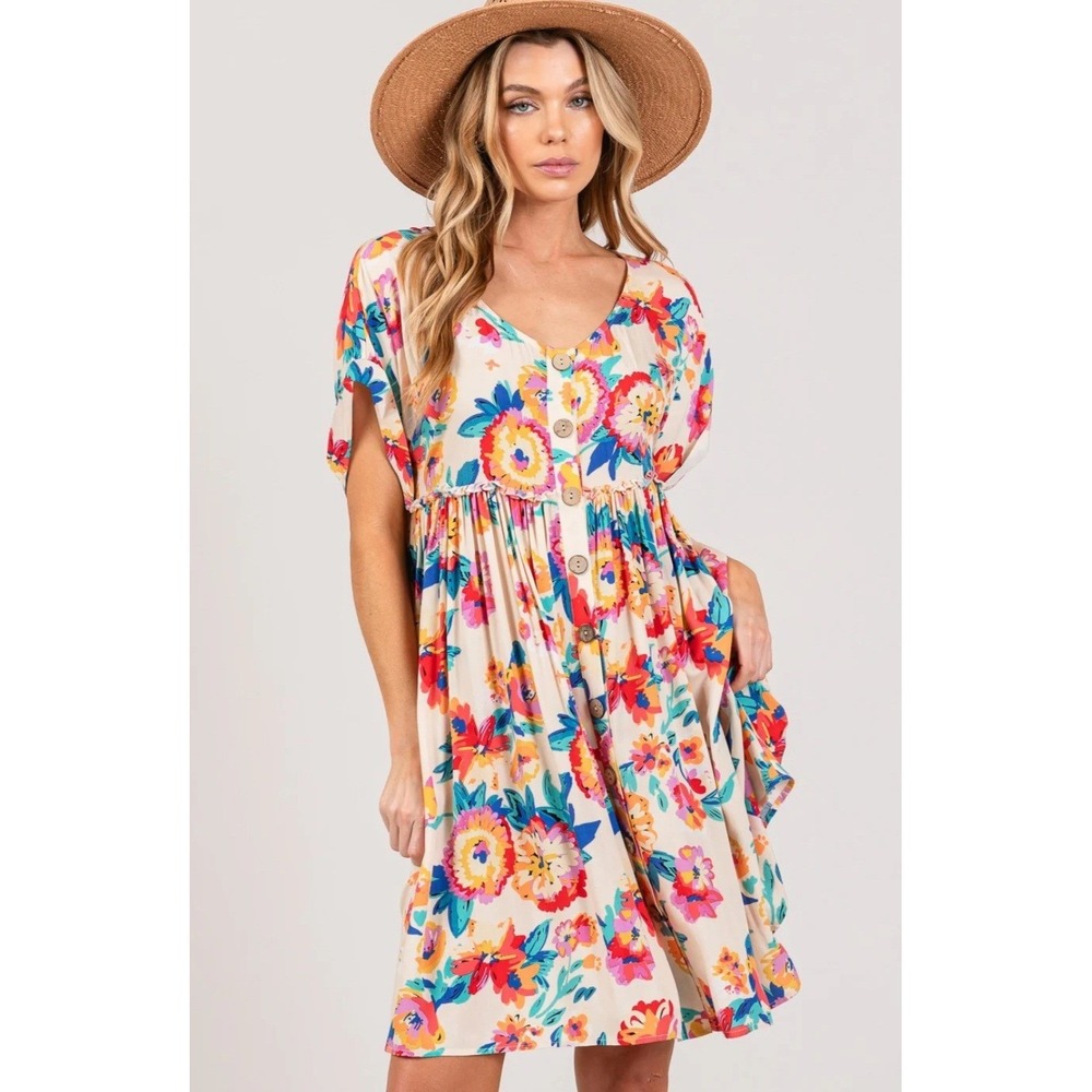 Sage + Fig Babydoll Dress Womens Lg Floral Multicolor Rayon SS Button Down Boho